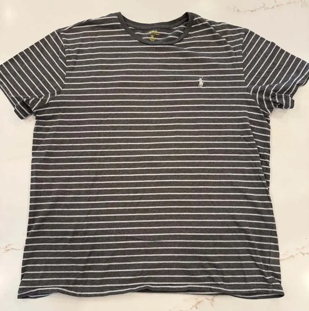 Polo Ralph Lauren Men's Gray and White Striped Crewneck T-Shirt